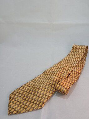 Lanvin Paris 100% Silk Necktie Gold Brown Geometric Chain Link Designer Tie